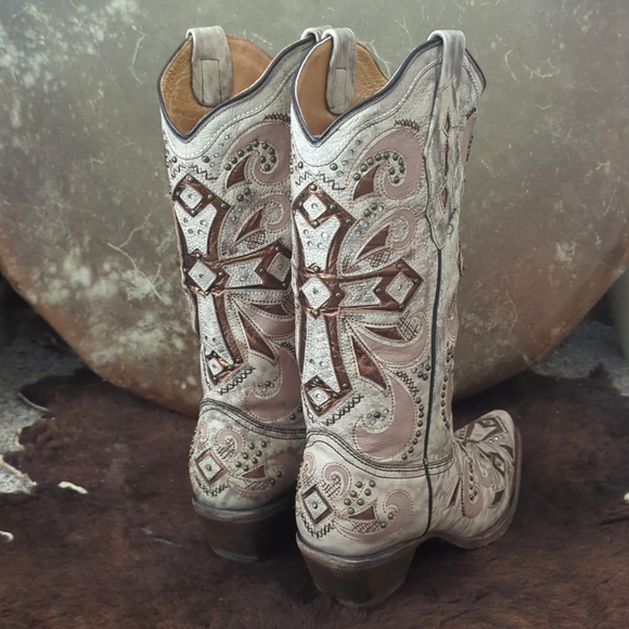 CORRAL AB084 "Sadler" ivory leather bronze cross cowgirl boot snip toe sz 9.5 - Picture 12 of 16